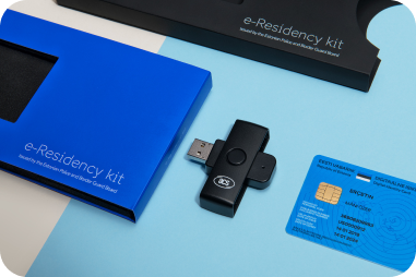 E-Residency kit: cardboard box, card reader, e-resident’s digital ID card